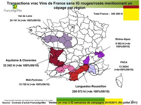Vins de France sans IG rouges/rosés mentionnant un cépage par région